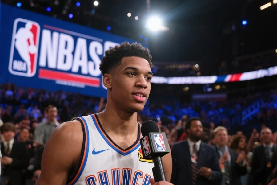 一位年轻篮球新秀在聚光灯下接受采访，身后有NBA选秀大会的标志和热情的观众