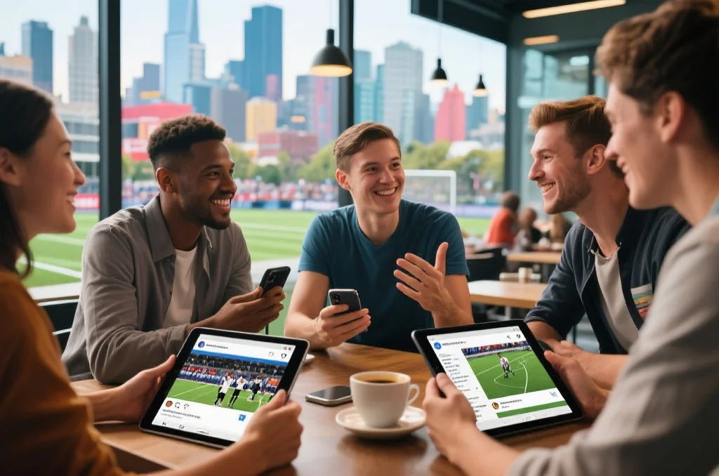 一群人在咖啡馆讨论体育新闻